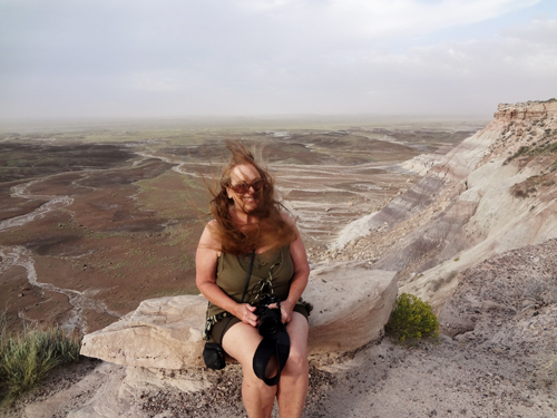 Karen Duquette caught in the wind on Blue Mesa Overlook